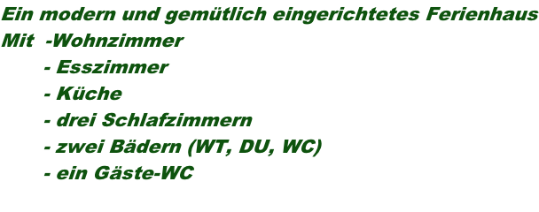 Ein modern und gemütlich eingerichtetes Ferienhaus Mit  -Wohnzimmer - Esszimmer - Küche - drei Schlafzimmern - zwei Bädern (WT, DU, WC) - ein Gäste-WC